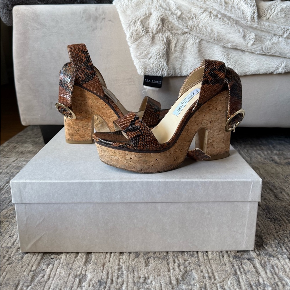 Jimmy Choo Snake Leather Wrap Cork Wedge